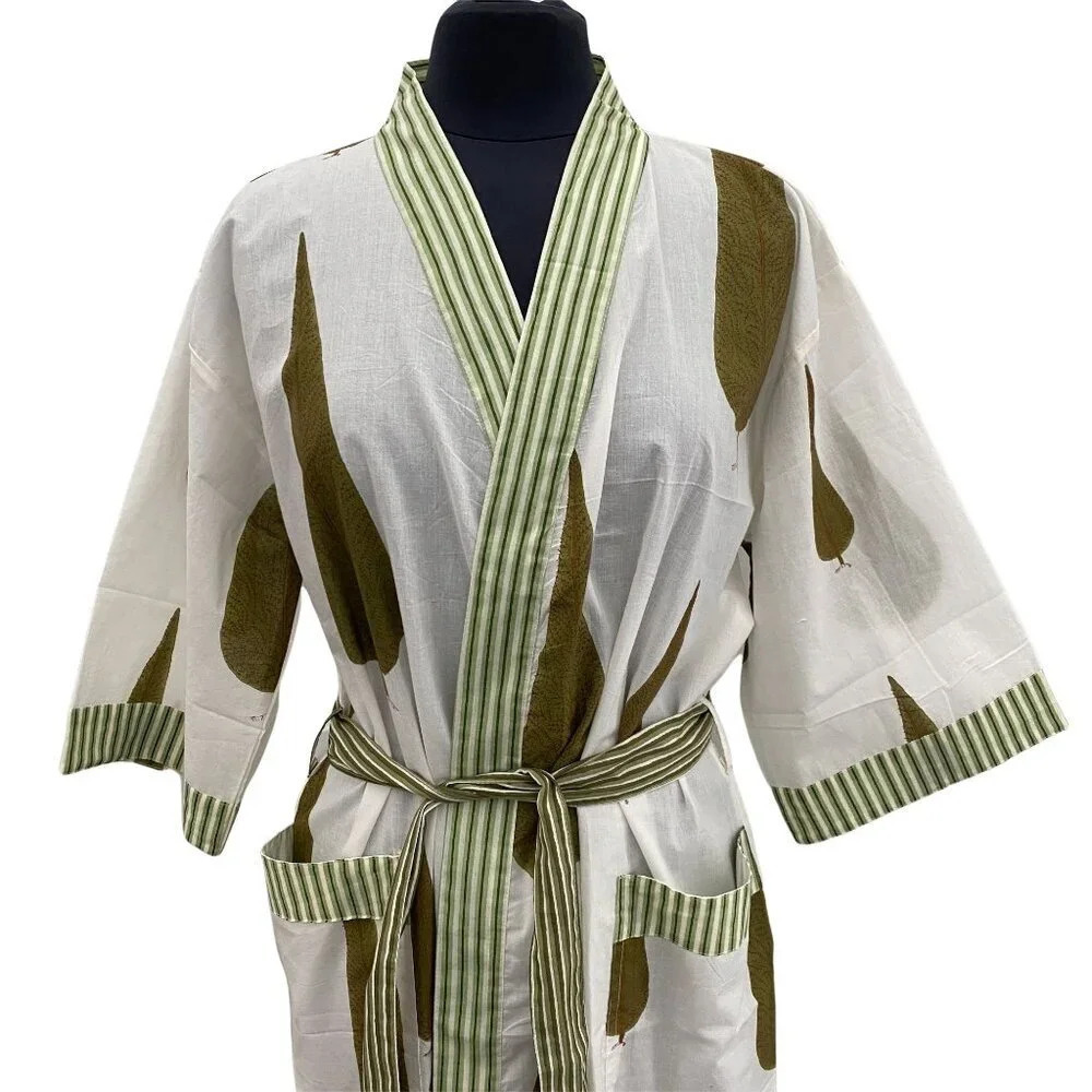Cotton Block Printed Robe Green Cypress Tree Print - Picture 7 of 7